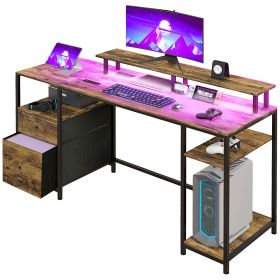 HOMCOM 61" Gaming Computer Table with LED Lights, PC Desk w/ Power Outlets, Storage Shelves & Wireless Remote, Home Office Desk, Rustic Brown