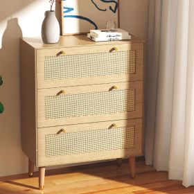 3 Drawer Dresser for Bedroom, Rattan Dresser Solid Wooden Chest of Drawers, Spacious Storage with Metal Handles, for Bedroom Hallway Living Room