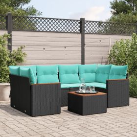 7 Piece Patio Sofa Set with Cushions Black Poly Rattan