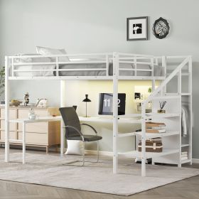 Queen Size Loft Bed with L-shaped Desk and USB, Metal Loft Bed with Wardrobe and Adjustable Shelf, High Loft Bed with LED for Kids Teens Adults,