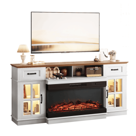 Brown Top + Washed White Cabinet Fireplace TV Stand for 36 Inch Insert, 2 Doors 2 Drawers 1 Shelf with RGB Lights, Media Console 178 x 34.6 x 82.4 cm