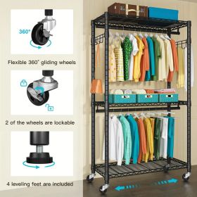 Heavy Duty 3-Tier Rolling Garment Rack Carbon Steel Clothes Organizer with Locking Wheels Dual Hanging Rods Side Hooks Freestanding Metal Wardrob