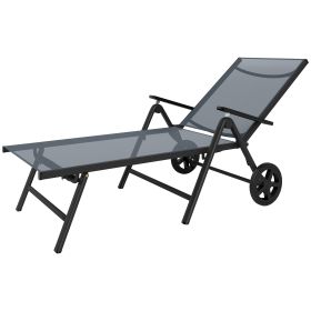 Outdoor Lounge Chair, 5-Level Adjustable Folding Chaise Chair with 2 Wheels for Backyard, Beach, Poolside, Grey